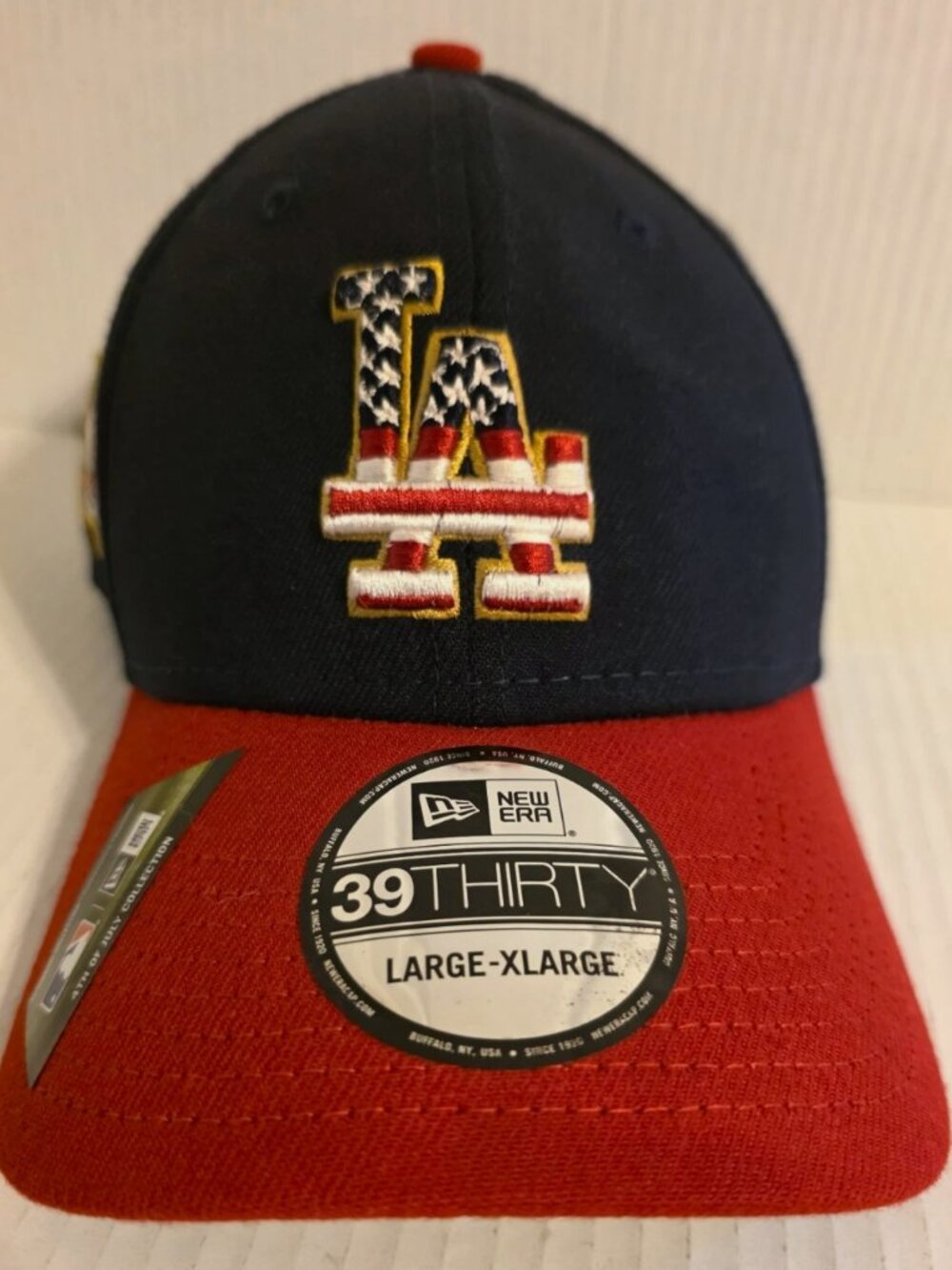New Era 39THIRTY Los Angeles Dodgers Patriotic B-Ball Hat L/XL Stars Stripes NWT